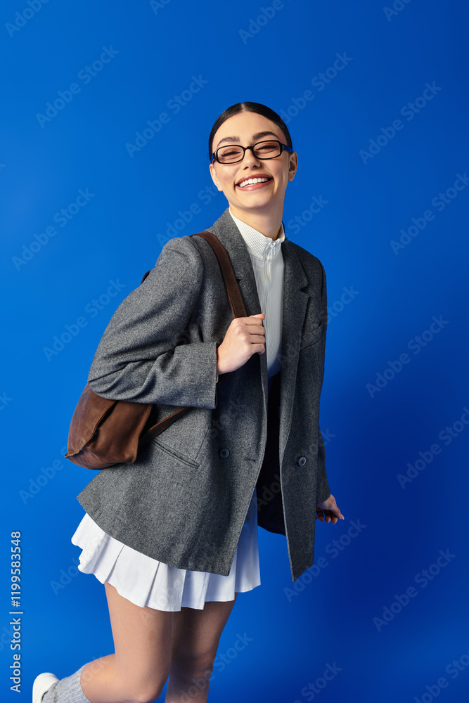 A young woman exudes happiness and confidence, dressed in a chic outfit with a playful expression. A young woman exudes happiness and confidence, dressed in a chic outfit with a playful expression.