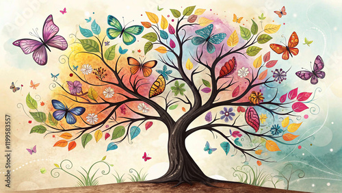 The Enchanted Butterfly Tree: A Vibrant Symphony of Colors wallpaper background  photo