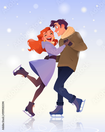 Ice skating couple have fun and dancing. Romantic snowy winter. Ice rink with glowing snowflakes. Pair figure skating. Boyfriend and girlfriend in Love. Wintry atmosphere. Cartoon vector illustration