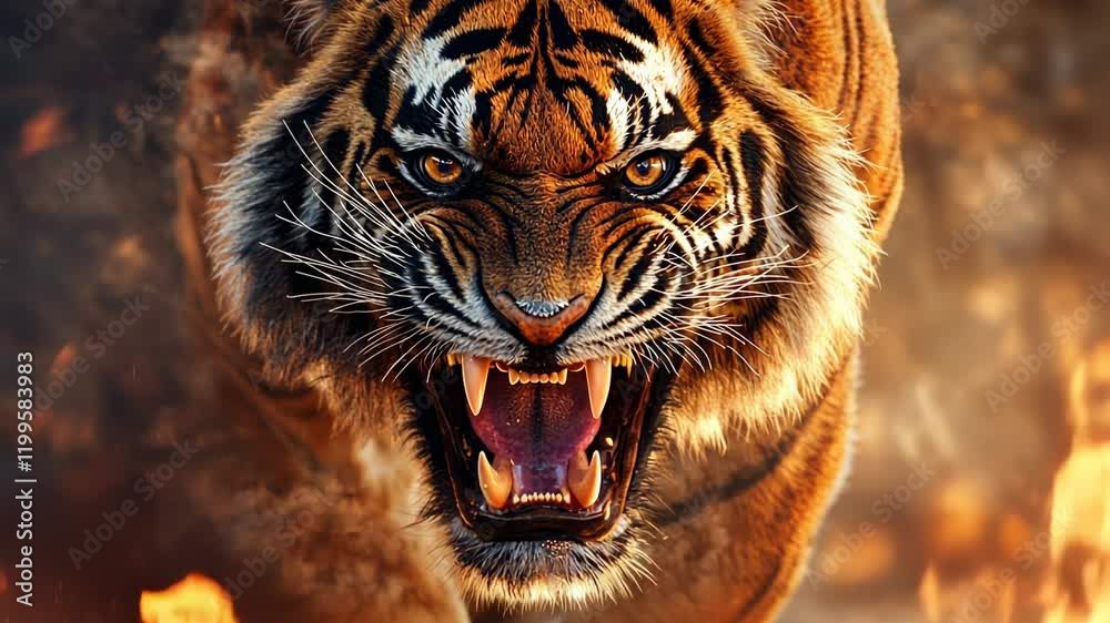 Roaring Tiger in Fiery Haze, tiger face, big cat, wild cat, feline, predator