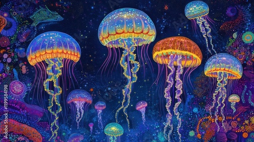 Whimsical hematopoietic stem cells as luminous jellyfish floating through a vibrant ocean, intricate patterns, surreal exploration of biology photo