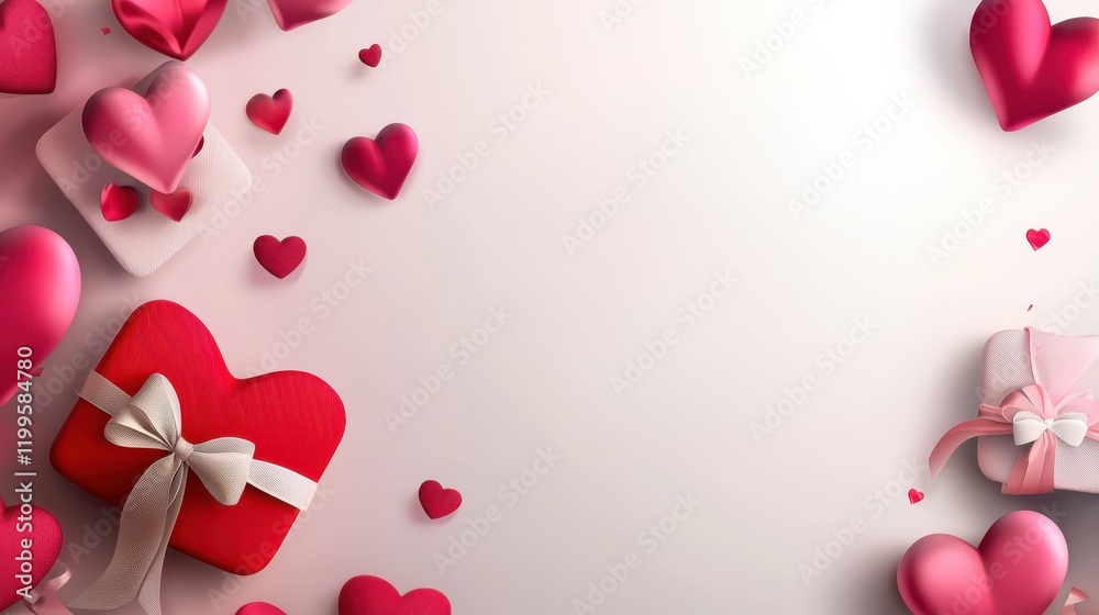 Vibrant Valentine Day theme with red and pink hearts, gift boxes, and decorations creating romantic atmosphere. Perfect for celebrations and promotions Vibrant Valentine Day theme with red and pink hearts, gift boxes, and decorations creating romantic atmosphere. Perfect for celebrations and promotions