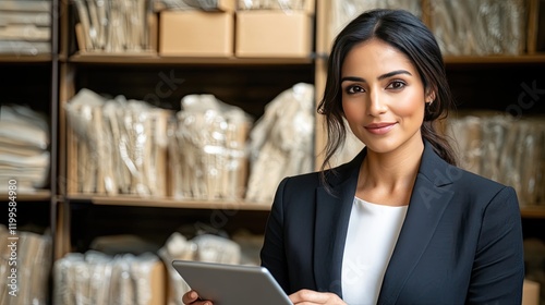 Happy Indian woman works from home, using a tablet while standing at a desk filled with fashion items in an elegant office