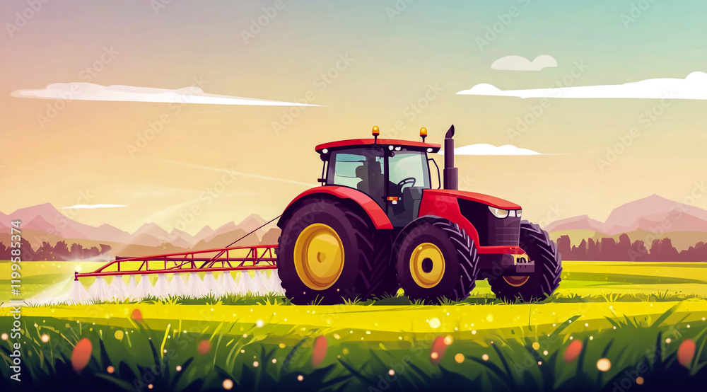 A tractor spraying pesticide in the field, flat design, vector illustration style A tractor spraying pesticide in the field, flat design, vector illustration style