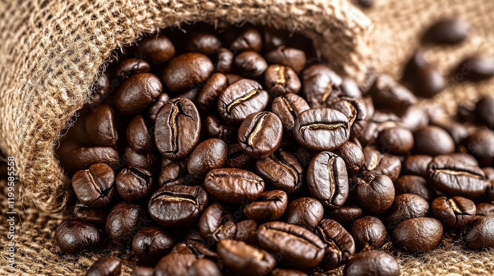 Freshly roasted coffee beans spilling from a burlap sack on a textured surface, creating a rich aroma Freshly roasted coffee beans spilling from a burlap sack on a textured surface, creating a rich aroma