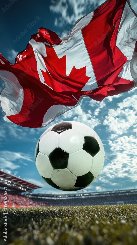 Fototapeta premium Classic black-and-white football in focus in mid-air with Canadian flag waving above, in a stadium under a vibrant blue sky.