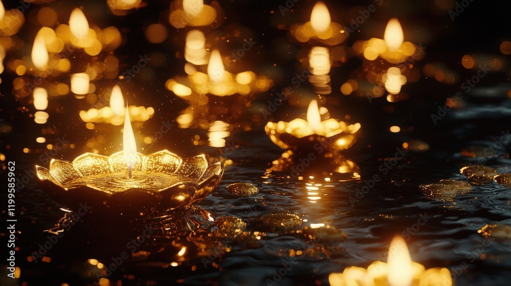 Floating golden diya candles illuminating dark water surface,Generated AI Floating golden diya candles illuminating dark water surface,Generated AI