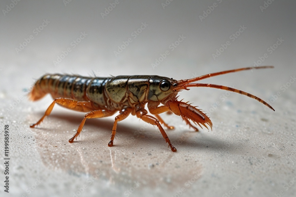 A small reddish brown crustacean with a segmented body long antennae and pincers A small reddish brown crustacean with a segmented body long antennae and pincers