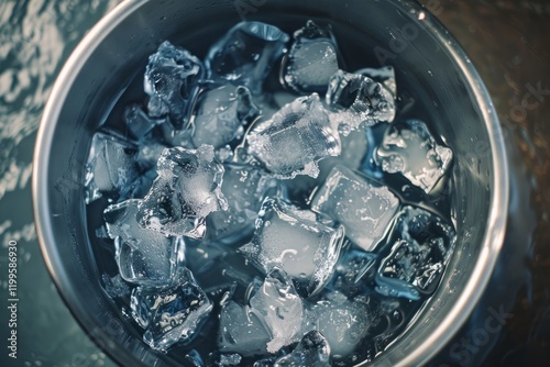 Metal bowl filled with ice cubes on a wet dark surface. Overhead view.
