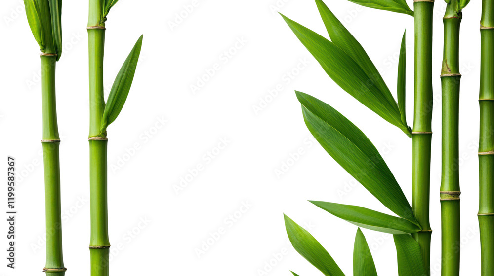 Naklejka premium Elegant bamboo stalks with lush green leaves against a solid white background, perfect for natural and organic themed projects.