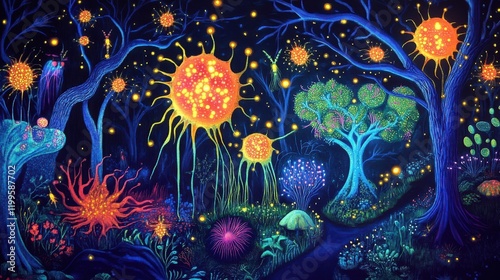 Surreal hematopoietic stem cells represented as glowing fireflies in a magical forest, vibrant colors, intricate designs, whimsical exploration of biology photo