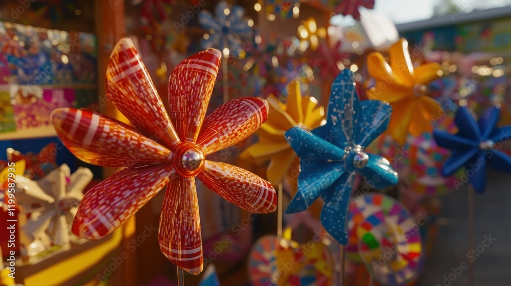 Fototapeta premium A vibrant fairground stall filled with pinwheel toys in every color