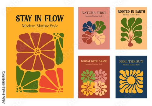 Set of art posters with Hand-drawnCurves. Minimal Colorful Botanical Shapes, Groovy Abstract Nature 