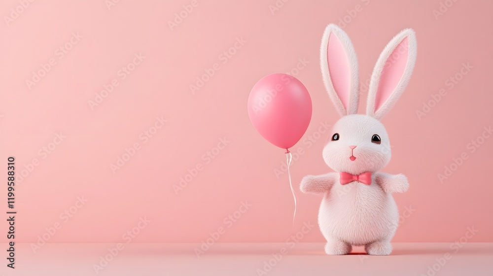 Obraz premium Adorable Plush Bunny Holding Floating Balloon on Pastel Peach Background 3D