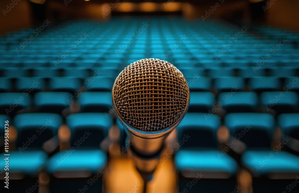A microphone is placed in the middle of a row of blue chairs A microphone is placed in the middle of a row of blue chairs