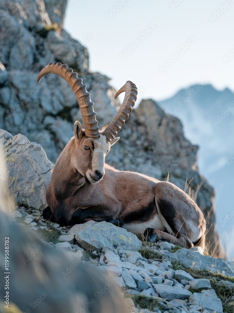 A majestic alpine ibex with large horns rests on rocky terrain against a mountain backdrop. A majestic alpine ibex with large horns rests on rocky terrain against a mountain backdrop.