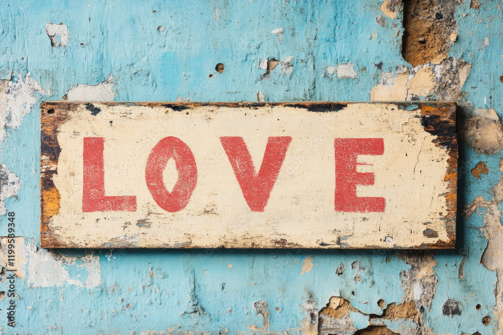 A weathered sign on a textured blue wall displays the word A weathered sign on a textured blue wall displays the word