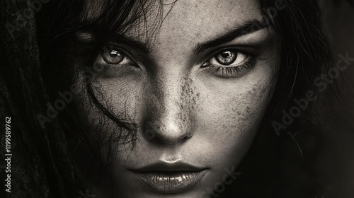 A close-up black and white photograph of a woman's face.