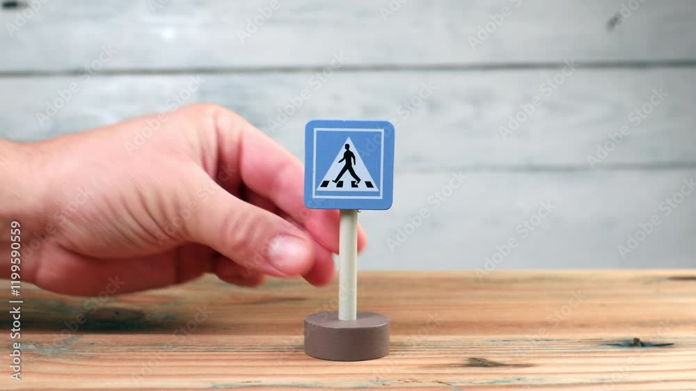 A miniature Pedestrian Crossing sign on a wooden textured background
