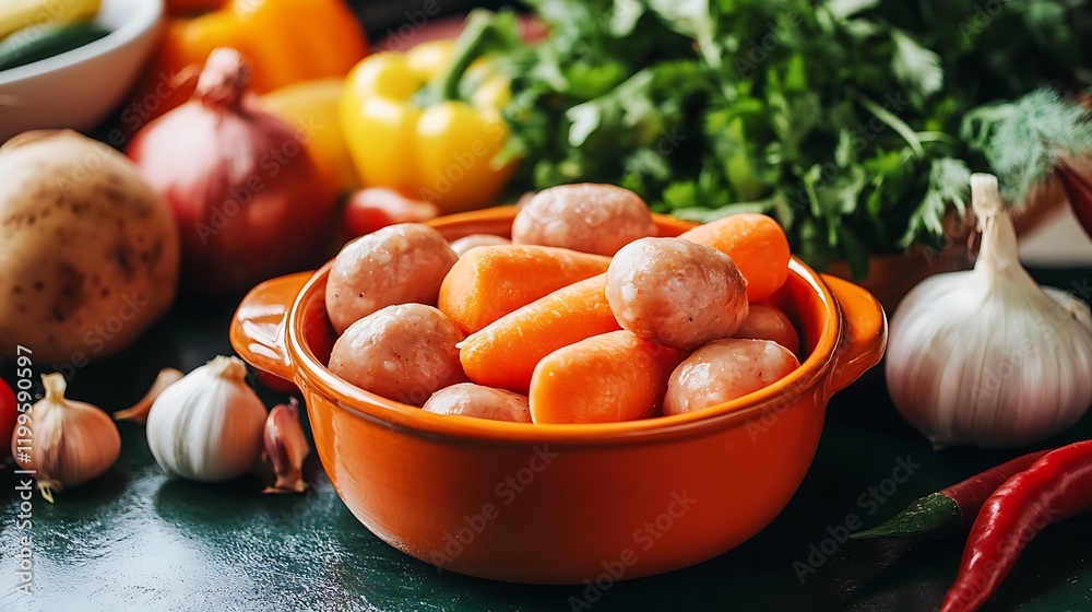 fresh chicken sausages and vegetables in a orange bowl on the table close up fresh chicken sausages and vegetables in a orange bowl on the table close up