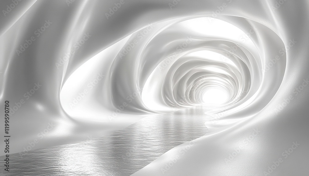 Obraz premium White abstract tunnel with light at end and reflective floor