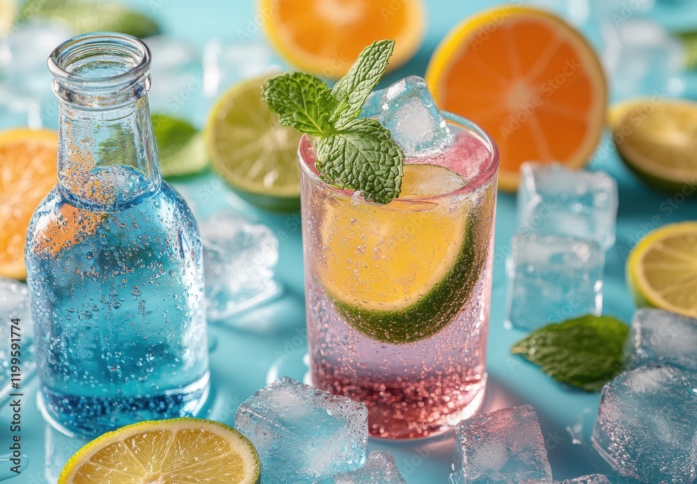 Refreshing Summer Beverage with Citrus Fruits and Mint Leaves, Highlighting Sparkling Water, Ice Cubes, and a Vibrant Color Palette for Enjoying Hot Days Refreshing Summer Beverage with Citrus Fruits and Mint Leaves, Highlighting Sparkling Water, Ice Cubes, and a Vibrant Color Palette for Enjoying Hot Days