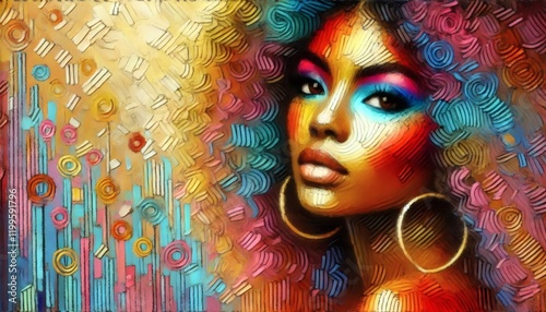 African woman portrait impressionism abstract 70s disco bright drawing painting retro vibrant ethnic
