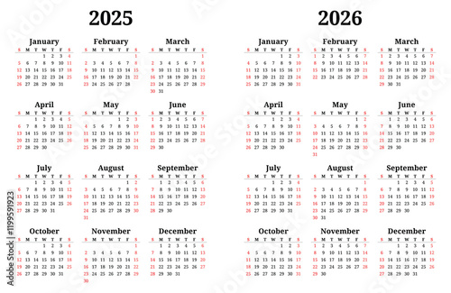 2025 and 2026 year english vector calendars 12 months