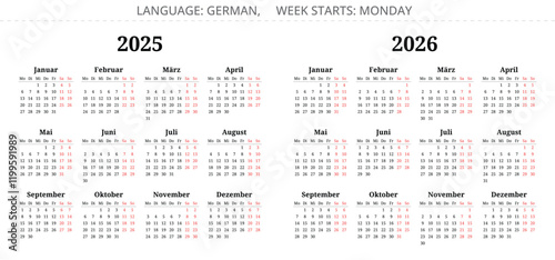 2025, 2026 german calendars. Printable vector illustration set for Germany