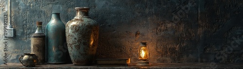 Wallpaper Mural A serene still life featuring various vintage vases and a glowing lantern, set against an aged wall, evoking a sense of history and warmth. Torontodigital.ca