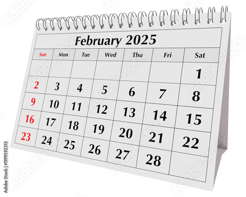 February 2025 calendar. Page of the annual business desk month winter calendar isolated on transparent png