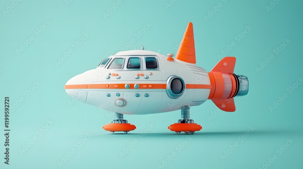 Whimsical Spaceship Toy on Pastel Sky Blue Backdrop - 3D