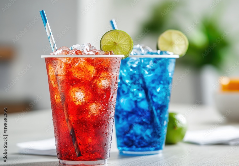 Refreshing Summer Beverages in Colorful Cups with Ice and Lime Slices, Perfect for Celebrations and Fun Gatherings in Brightly Lit Environment Refreshing Summer Beverages in Colorful Cups with Ice and Lime Slices, Perfect for Celebrations and Fun Gatherings in Brightly Lit Environment