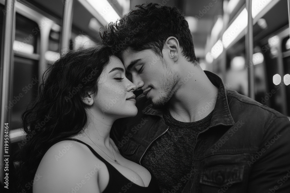 A romantic moment captured in black and white, showcasing a couple leaning in closely on a subway train, highlighting intimacy and connection. A romantic moment captured in black and white, showcasing a couple leaning in closely on a subway train, highlighting intimacy and connection.