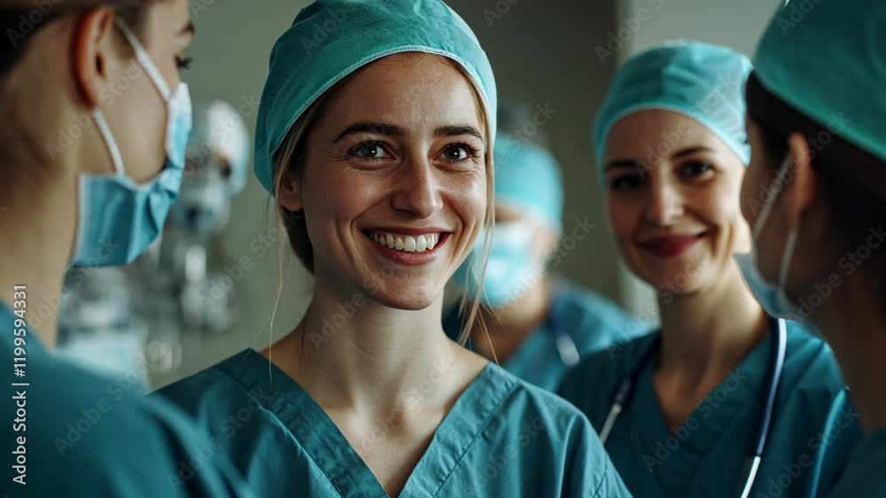 Smiling female surgeon with colleagues in the operating room, doctor, hospital, medical, healthcare, team Smiling female surgeon with colleagues in the operating room, doctor, hospital, medical, healthcare, team