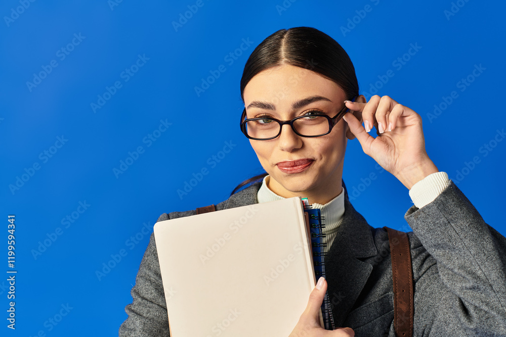 A confident young woman in stylish glasses smiles warmly while holding a notebook. A confident young woman in stylish glasses smiles warmly while holding a notebook.