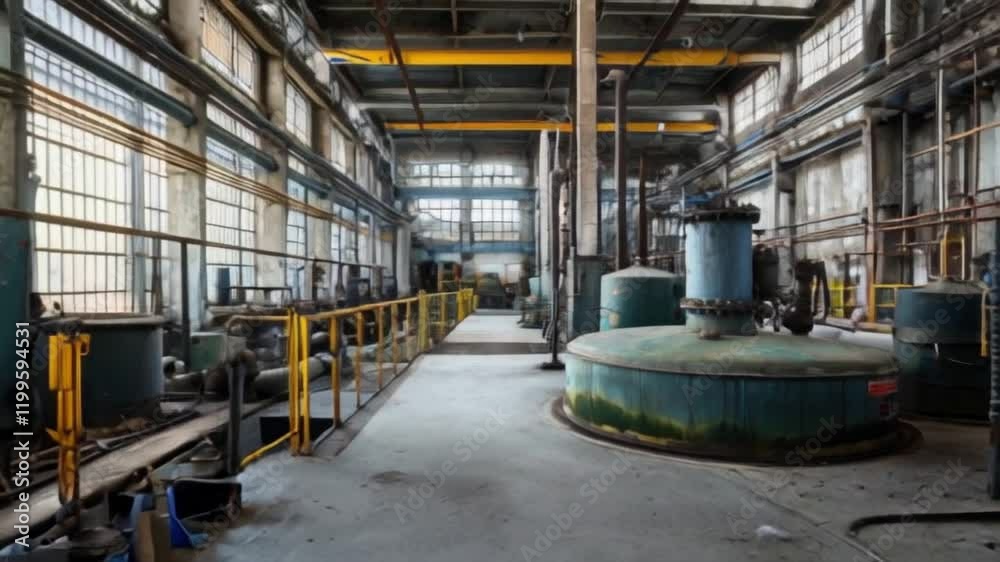 Inside an oil production facility, various machinery and equipment are visible. Sunlight filters through large windows, illuminating the industrial space Inside an oil production facility, various machinery and equipment are visible. Sunlight filters through large windows, illuminating the industrial space