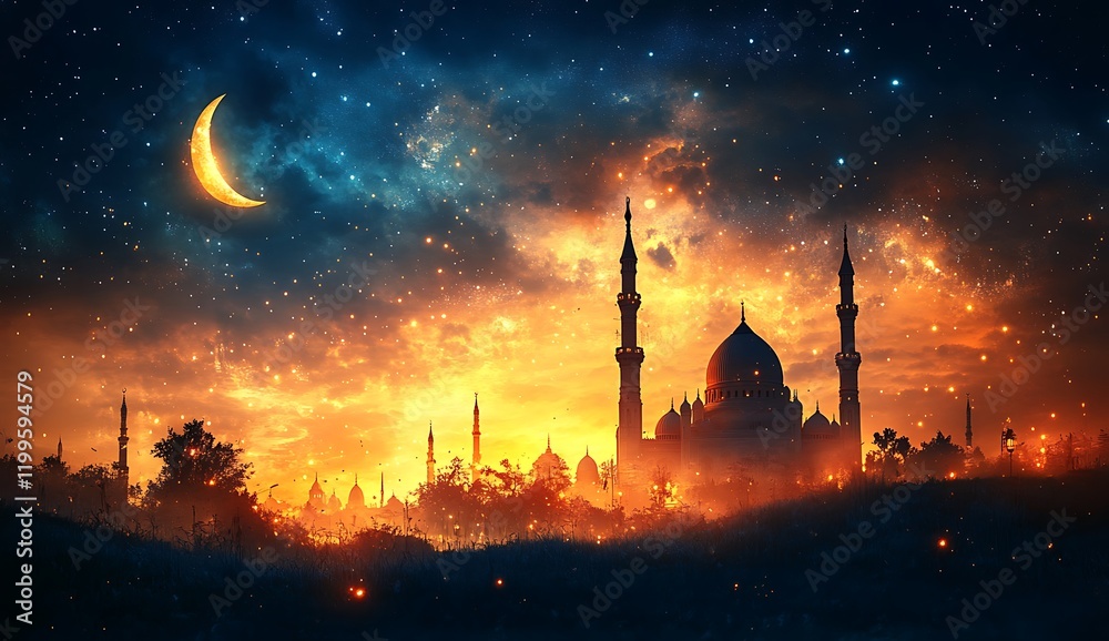 Obraz premium Mosque silhouette with blue, pink and orange sky sunset in evening, mosque at night with crescent moon and star shining, Background for Ramadan Kareem,Islamic New year. happy Muharram