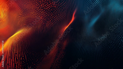 Dark abstract background with glowing red and blue particles.