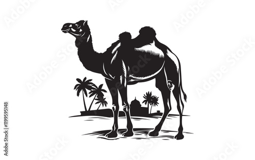 Silhouette of dromedary, one-humped camel. Pack animal. Vector illustration isolated on white background
