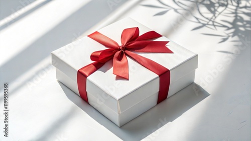 Minimalist White Gift Box with Red Ribbon - Isolated on White Background