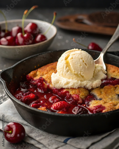Delicious cherry cobbler with vanilla ice cream for national cherry cobbler day celebration.