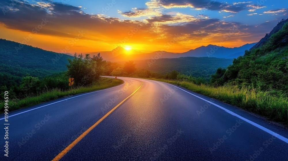 Vibrant sunset hues reflecting on a serene mountain roadway Vibrant sunset hues reflecting on a serene mountain roadway