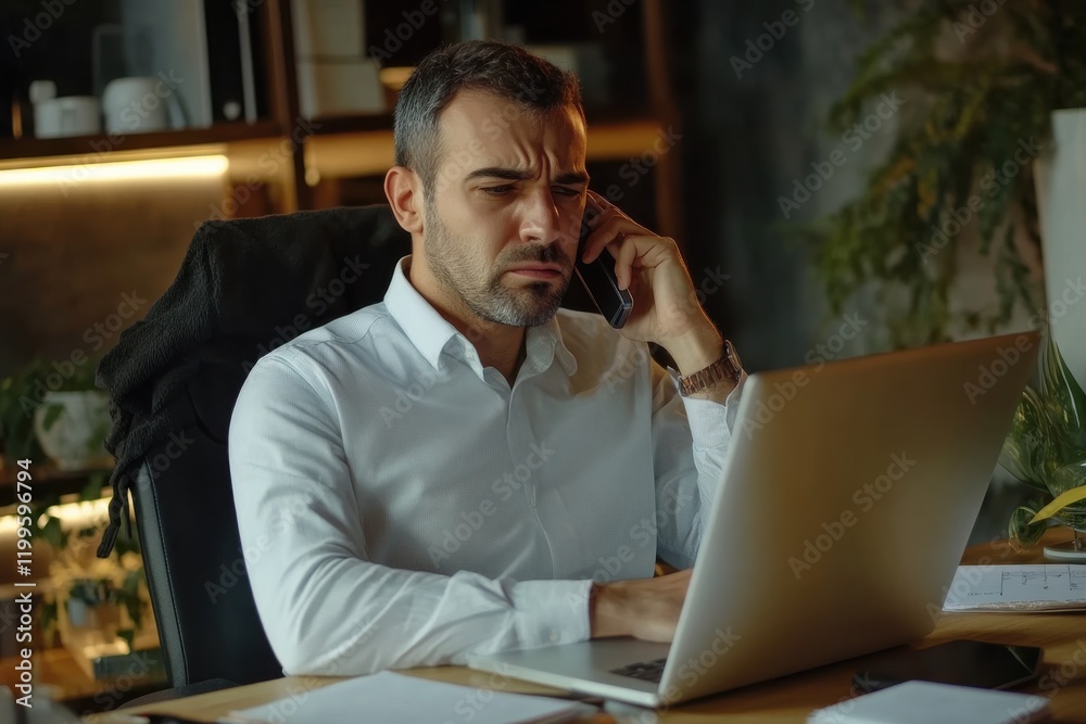 Sick man sitting at desk coughing working, phone call, blowing running nose, suffer from flu or cold at home, ill male worker feels unhealthy struggle with influenza under blanket, employee healthcare Sick man sitting at desk coughing working, phone call, blowing running nose, suffer from flu or cold at home, ill male worker feels unhealthy struggle with influenza under blanket, employee healthcare