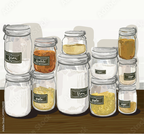 glass container for flour, sugar, pasta dry food spices free waste eco for storing bulk products at home. illustration isolated on kitchen desk and white background