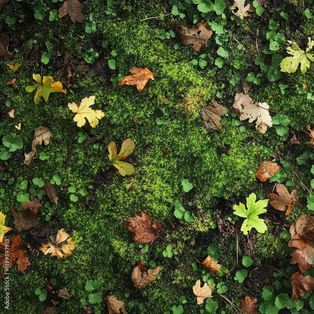 A vibrant forest floor covered with green moss and scattered leaves in various autumn hues, creating a natural, serene atmosphere. A vibrant forest floor covered with green moss and scattered leaves in various autumn hues, creating a natural, serene atmosphere.