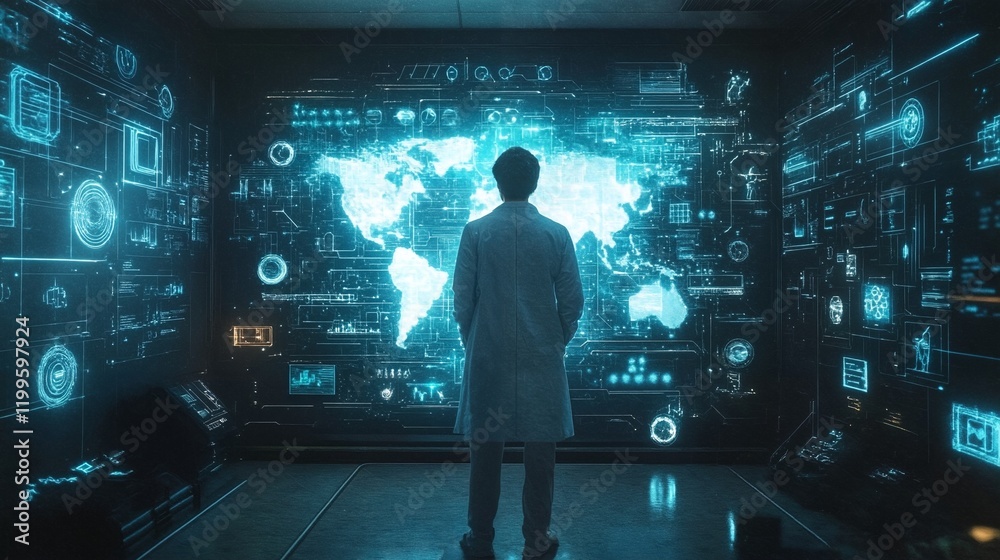 A man dressed in a lab coat stands before a large wall display featuring a world map and various technical diagrams. A man dressed in a lab coat stands before a large wall display featuring a world map and various technical diagrams.