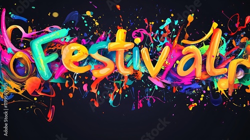 A colorful word that says festival is written in a splatter of paint photo