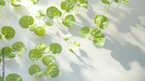 Sunlight illuminates vibrant green seedlings on a white background.