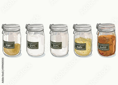 glass containers with names sticker for flour, sugar, pasta dry food spices free waste eco for storing bulk products at home. illustration isolated on white background